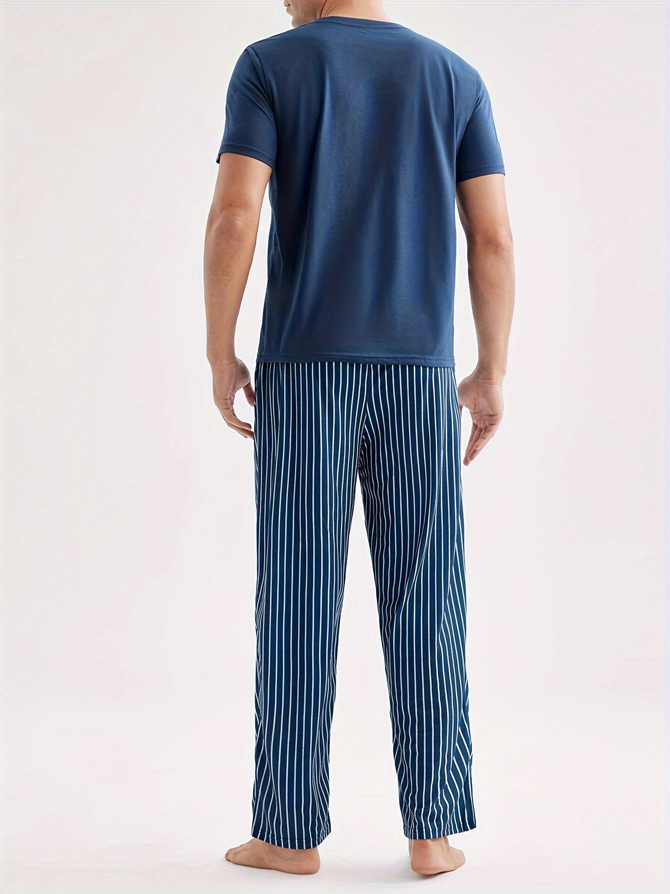 Men's Casual Crew Neck Short Sleeve Pajama Set with Striped Pants, 100% Polyester Knit Fabric, Slight Stretch, All Season Comfort Sleepwear Set