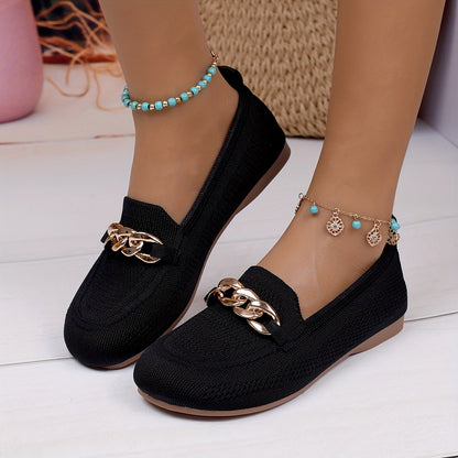 Women's Solid Color Knitted Flats, Metallic Chain Decor Soft Sole Walking Shoes, Breathable Daily Footwear