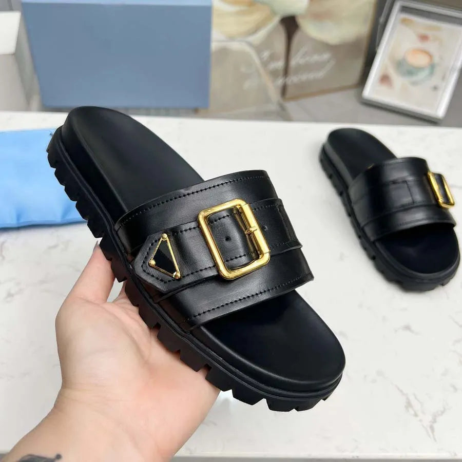 Designer Sandals Women Slippers Flat Slides Flip Flop Padded On Gold Buckle Summer Genuine Leather Indoor Outdoor Beachwear Pool Sandals Slides 0001