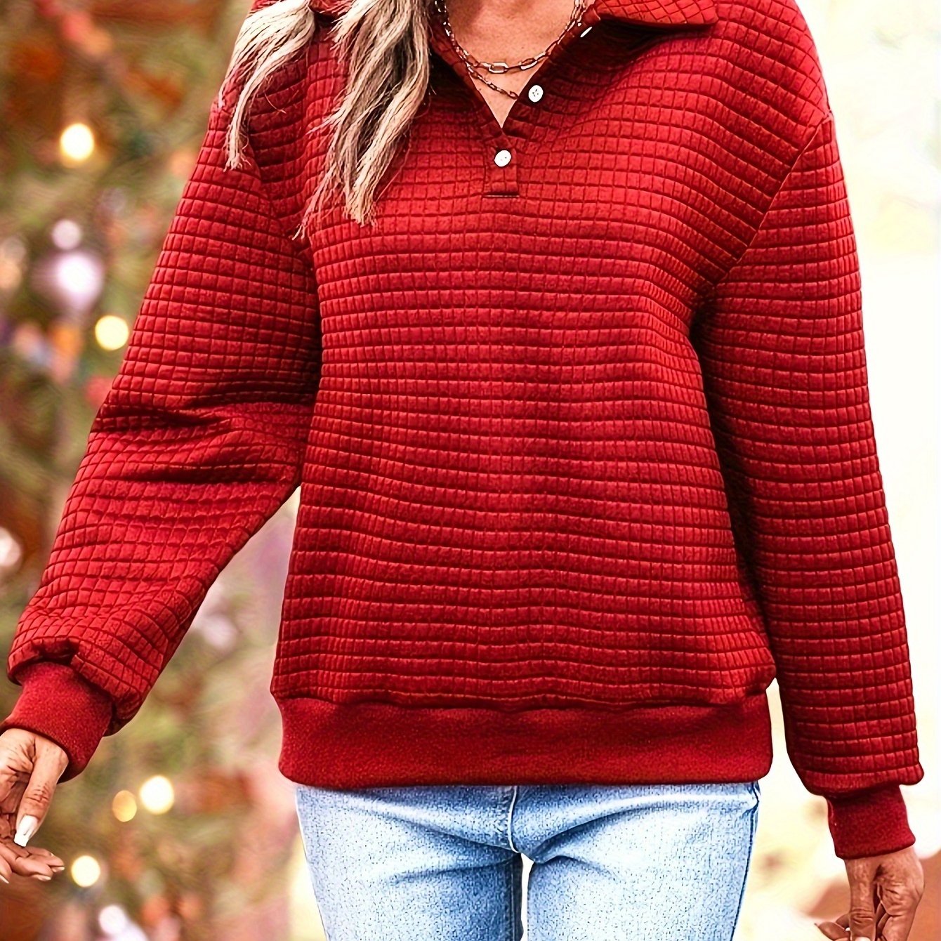 Cozy Waffle Knit Pullover Sweatshirt - Chic Quarter-Button, Lapel Collar, Long Sleeve - Perfect for Fall & Winter - Premium Quality, Soft, Stylish Womens Clothing