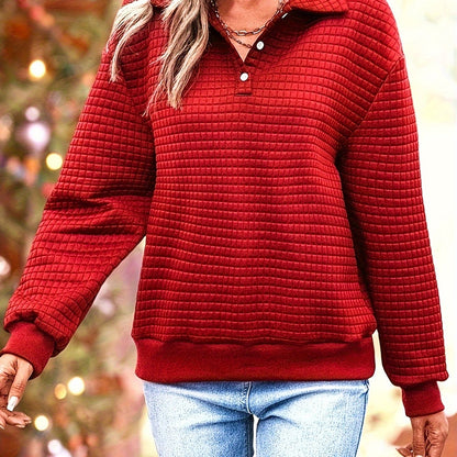 Cozy Waffle Knit Pullover Sweatshirt - Chic Quarter-Button, Lapel Collar, Long Sleeve - Perfect for Fall & Winter - Premium Quality, Soft, Stylish Womens Clothing