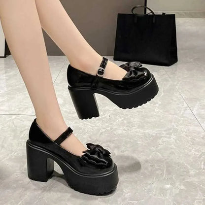 Dress Shoes Summer and Autumn Fashion New Solid Color Bow Popular Thick Bottom Buckle Round High Heels H240527 D4KO