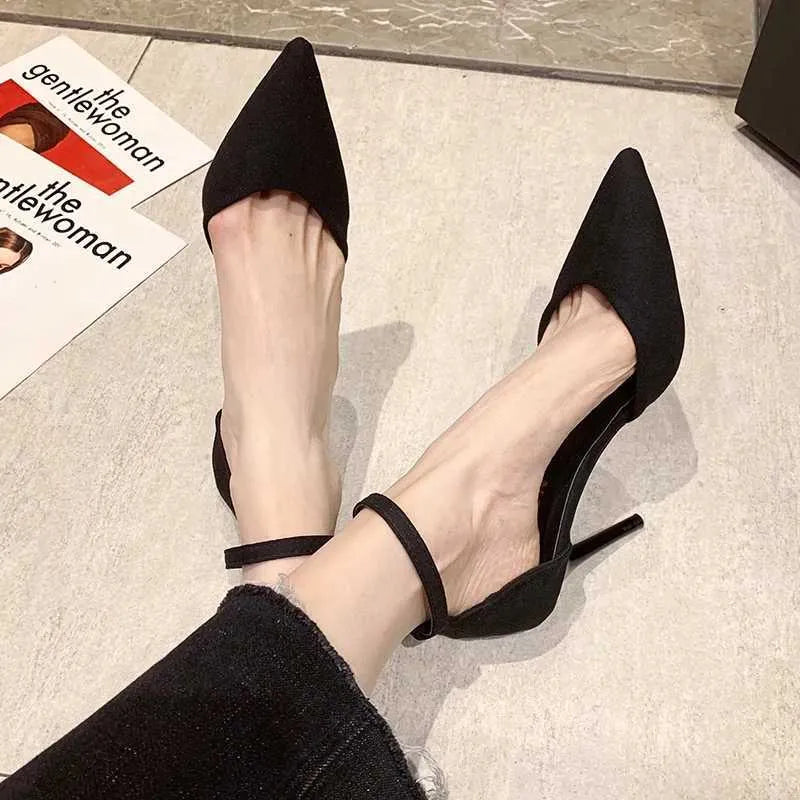 Dress Shoes Spring and Autumn high heel women new versatile thin professional L pointed black buckle strap single shoe H240527