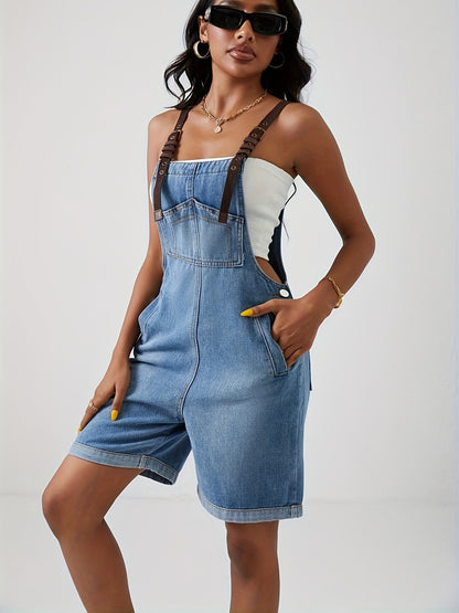 Blue Denim Jumpsuit with Bold Contrast Straps - Distressed Ripped Holes, Non-Stretch Romper - Fashionable Womens Clothing, Trendy Denim Statement