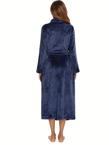 Solid Fuzzy Night Robe, Long Sleeve Robe With Belt & Pockets, Women's Sleepwear