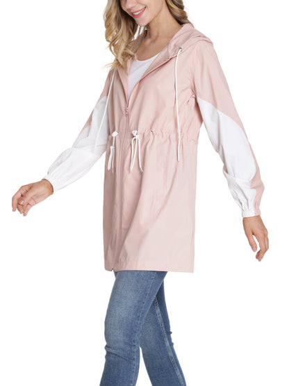 Stylish Color Block Long Sleeve Trench Coat - Water-Resistant, Waisted, Hooded, Windbreaker Jacket with Adjustable Cuffs and Hem - Perfect for Women's Outdoor Activities and Casual Wear