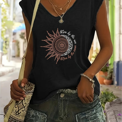 Vibrant Geometric Print V-Neck T-Shirt - Soft Cotton Blend, Micro Elasticity, Regular Length, Casual Style for Spring & Summer - Womens Fashion Essential