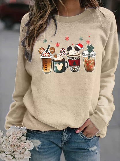 Christmas Coffee Print Sweatshirt, Casual Long Sleeve Crew Neck Sweatshirt, Women's Clothing