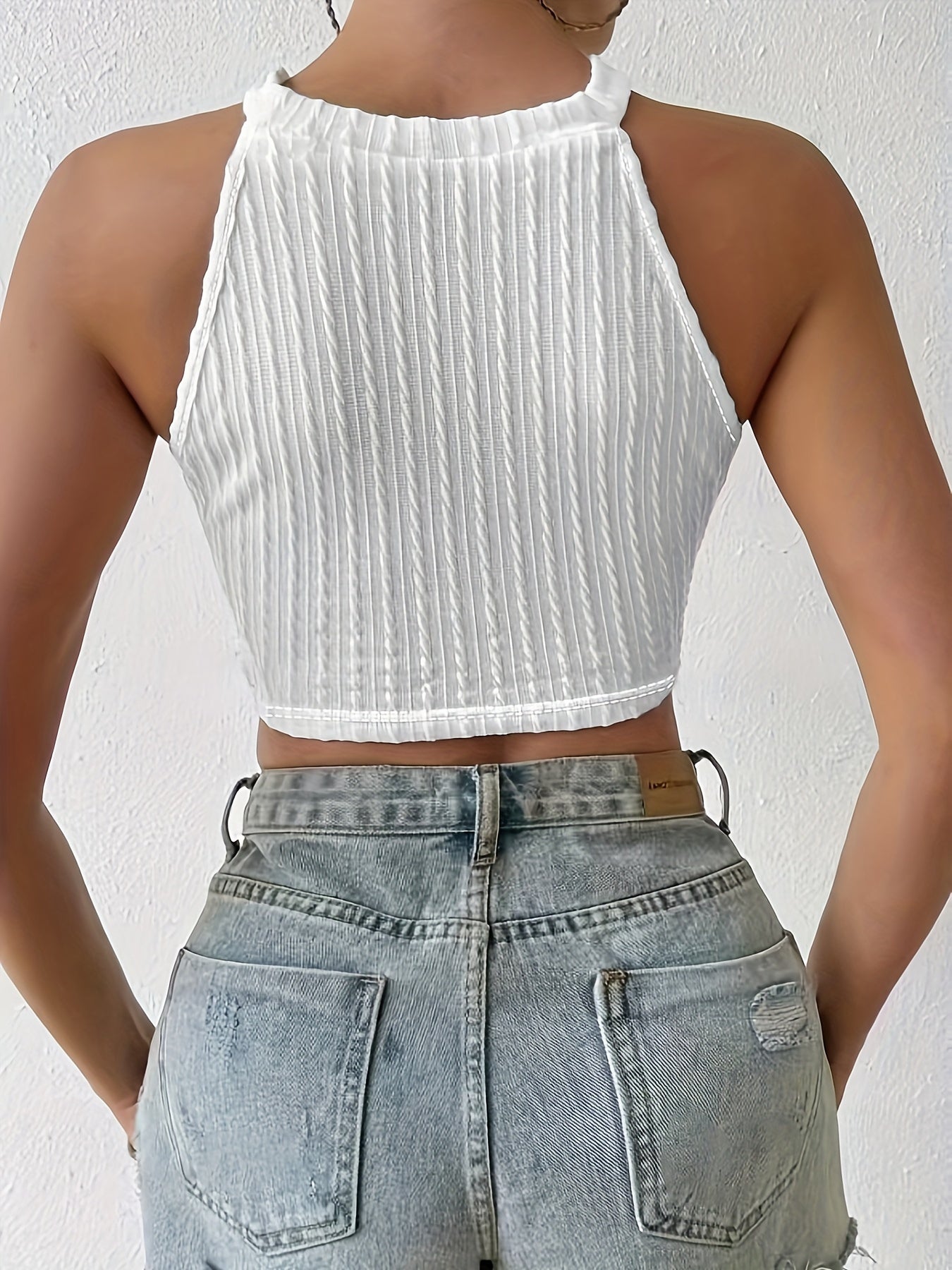 Textured Crew Neck Tank Top, Elegant Sleeveless Tassel Hem Hanky Hem Top, Women's Clothing