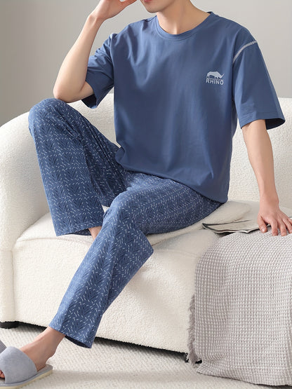 2 Pcs Mens Pajama Sets - Stylish Letter Pattern Print Short Sleeve T-shirts & Soft Plaid Pants, Gentle Style for Comfortable Summer Loungewear, Perfect for Mens Cozy Relaxation