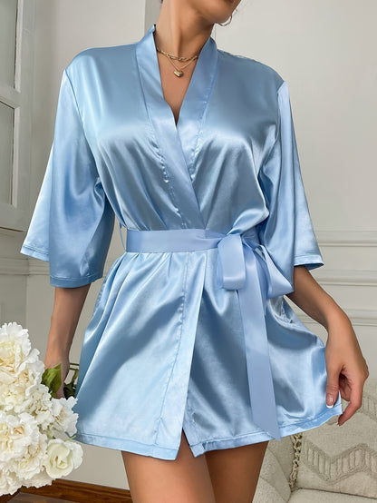 Elegant Satin Solid Contrast Lace Night Robe, Three Quarter Sleeve V Neck Robe With Belt, Women's Sleepwear & Dresses For Fall & Winter