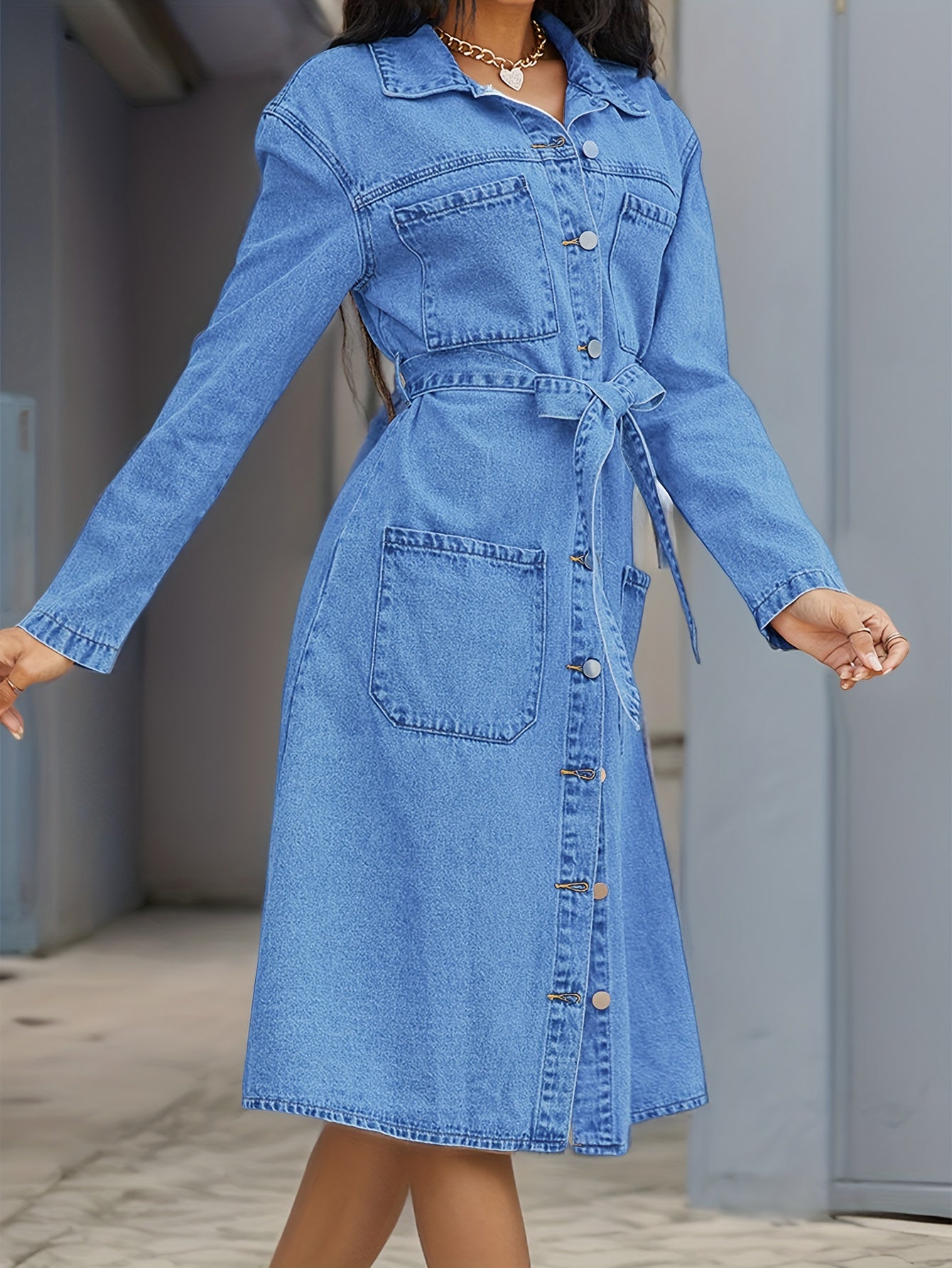 Trendy Blue Denim Dress with Full-Length Sleeves, Fashion-Forward Lapel, Pockets & Waistband - A Chic Single Breasted Button-down Style for Women