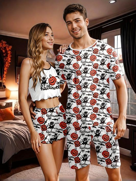 2 Pcs Men's Halloween Pumpkin Letter Print Round Neck Short Sleeve & Shorts Pajama Set, Comfortable & Skin-friendly Style Pajamas For Men's Cozy Loungewear