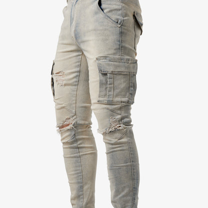 Men's Slim Fit Cargo Jeans - High Stretch Denim Pants with Multiple Pockets for Casual Street Style in Spring and Summer