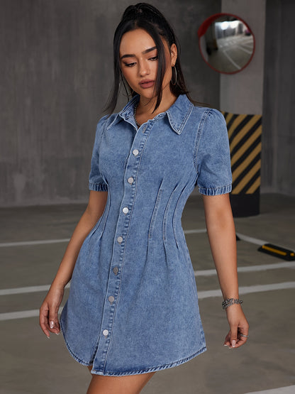 Elegant & Chic Women's Blue Denim Dress - Versatile All-Season Wear with Pleated Detail, Comfort Fit, and Easy Care