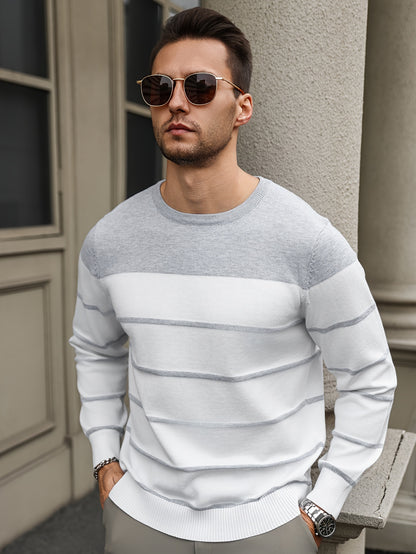 All Match Knitted Striped Sweater, Men's Casual Warm High Stretch Crew Neck Pullover Sweater For Men Fall Winter