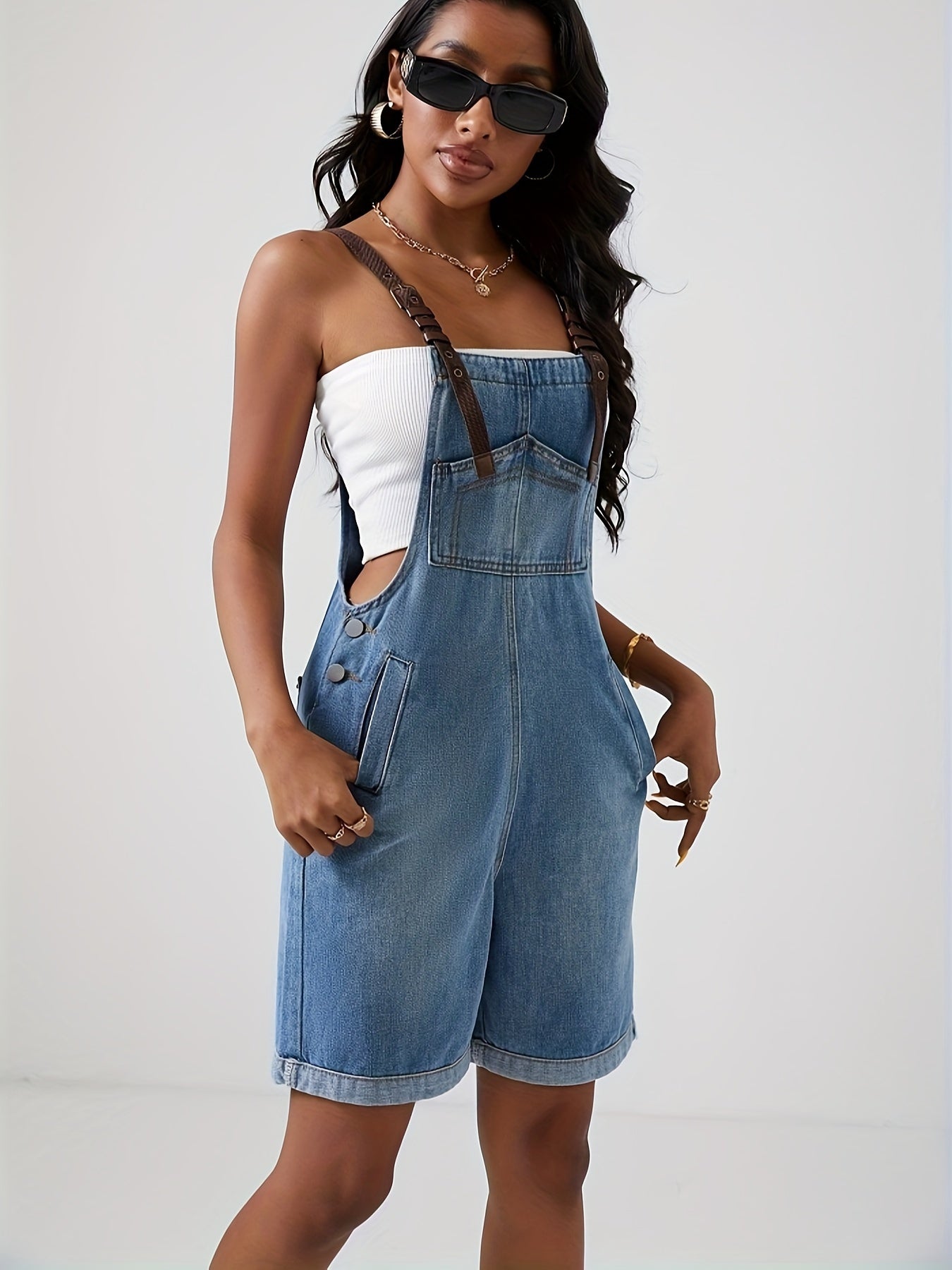 Blue Denim Jumpsuit with Bold Contrast Straps - Distressed Ripped Holes, Non-Stretch Romper - Fashionable Womens Clothing, Trendy Denim Statement