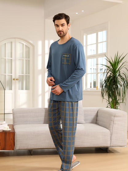 Men's Cozy Plaid Pajama Set - Long Sleeve & Pants, Round Neck Pullover, Casual Loungewear for Spring/Fall, Machine Washable