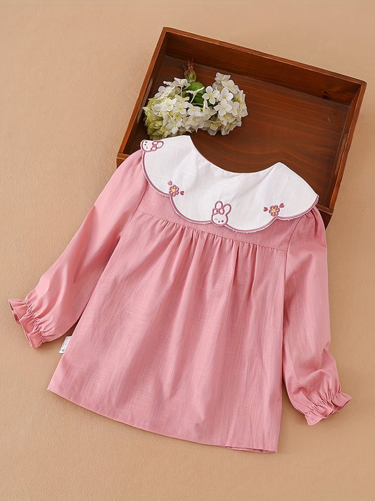 KUYIXIONG Girls Cute & Casual Long Sleeve Ruffle Trim Rabbit Stitched Doll Collar Button Up Cotton Shirt Top For Spring & Fall