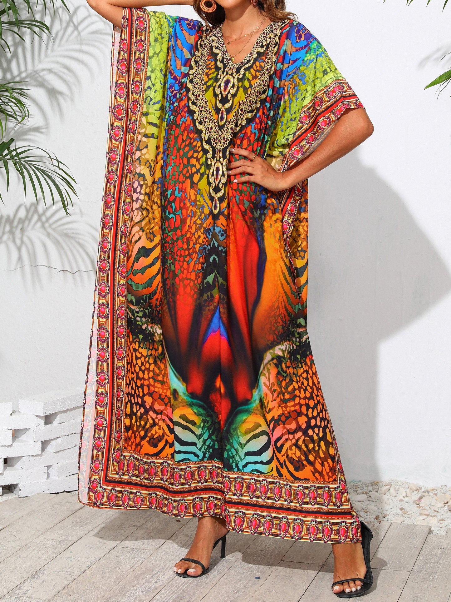 Plus Size Womens Vibrant Tribal Print V Neck Boho Chic Loose Fit Short Sleeve Kaftan Dress for Vacay Beach Cover Up - Soft Non-Stretch Polyester Fabric, Split Details, Pullover Design, Random Printing - Perfect for Curvy Ladies