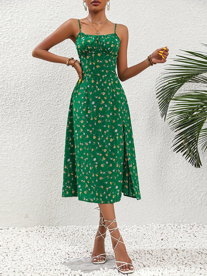 Flirty Ditsy Floral Split Dress with Chic Spaghetti Straps - Feminine Midi Length for Versatile Styling - Womens Fashion