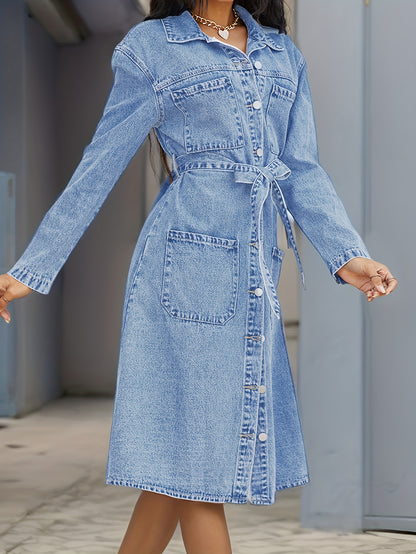 Trendy Blue Denim Dress with Full-Length Sleeves, Fashion-Forward Lapel, Pockets & Waistband - A Chic Single Breasted Button-down Style for Women