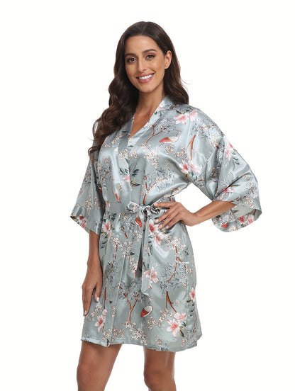 Romantic Floral Satin Kimono Robe - Luxurious Three-Quarter Sleeve V-Neck Sleepwear with Belted Waist for Women - Elegant Nighttime Elegance