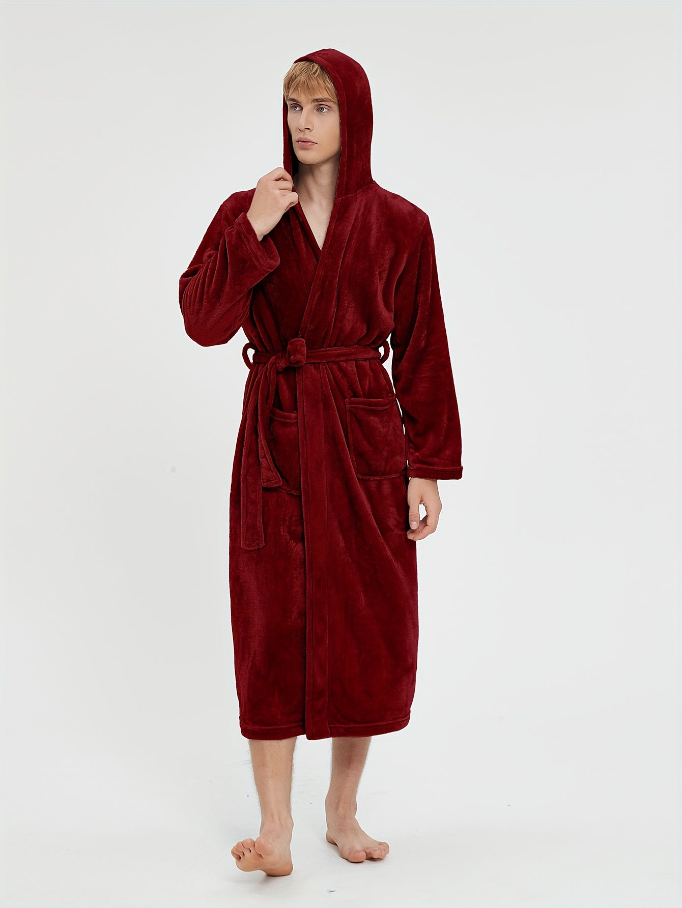 Ultra-Soft Men's Fleece Robe - Comfy Hooded Pajamas with Pocket, Hair Dry Hat, and Kimono Design for Cozy Nightwear After Bath or Lounging at Home