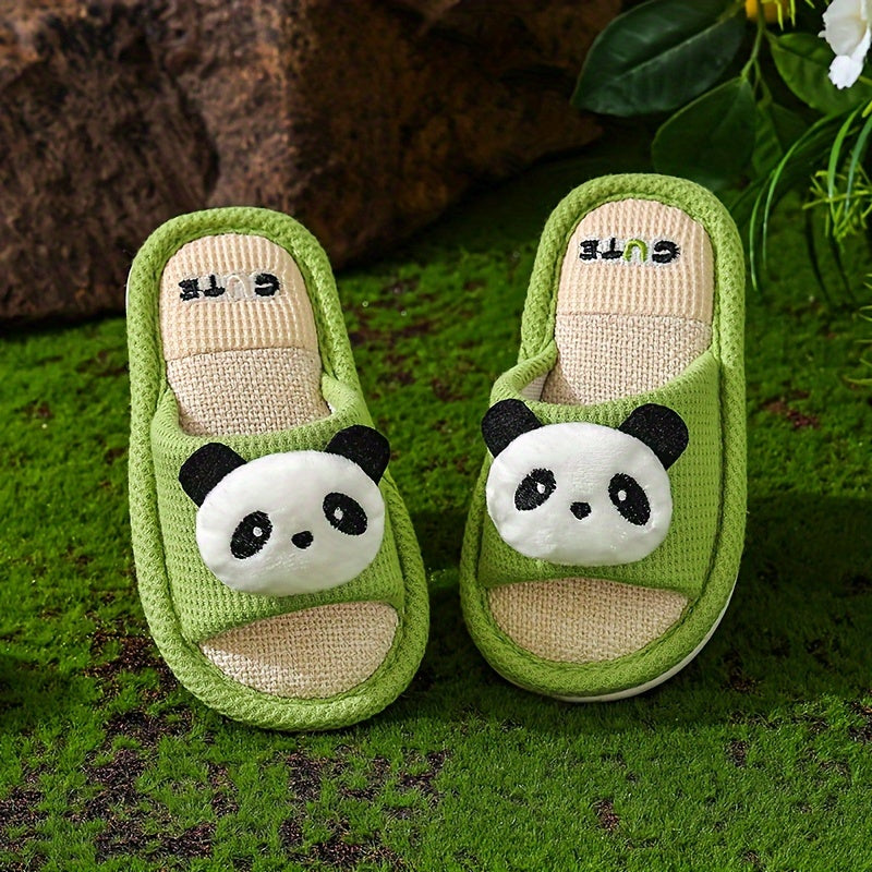 Girls Cartoon Panda Soft Cozy Low-Top Fabric Slippers - Breathable, Anti-Slip, Slip-On Design for Indoor Home Use in Spring and Autumn - Cute Embroidery, Round Toe, and Comfortable Fabric Insole