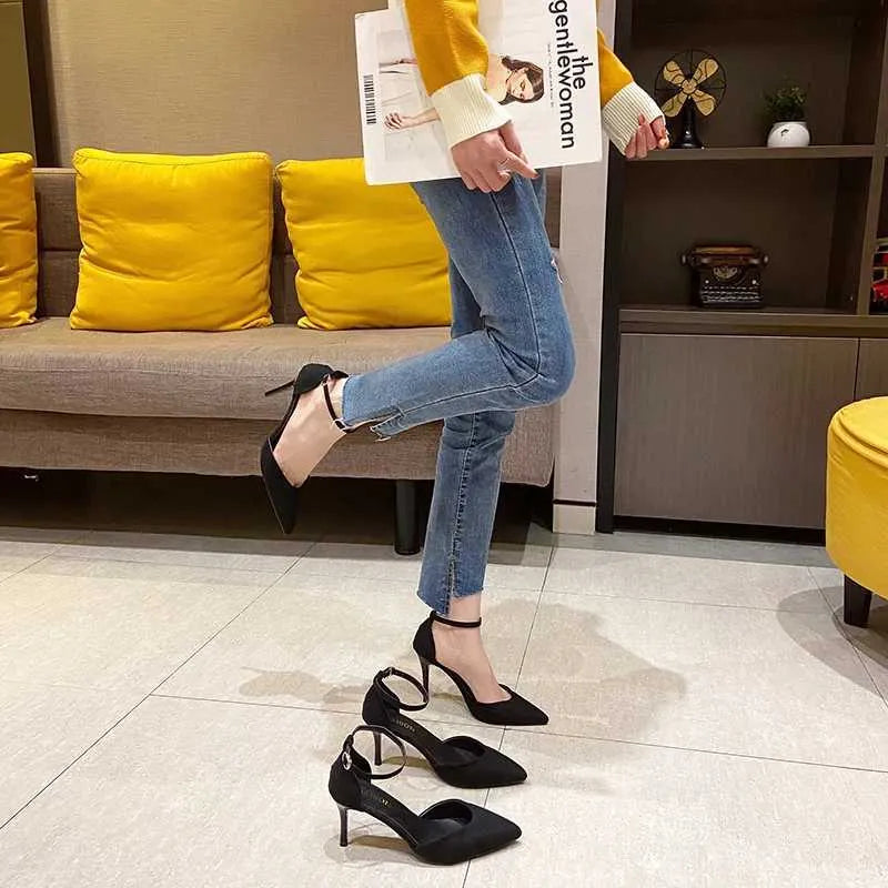 Dress Shoes Spring and Autumn high heel women new versatile thin professional L pointed black buckle strap single shoe H240527