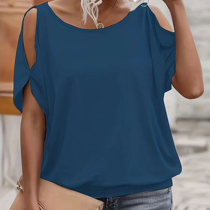 Women's Solid Split Short Sleeve T-Shirt - Casual Crew Neck Tee for Spring & Summer, Breathable and Comfortable