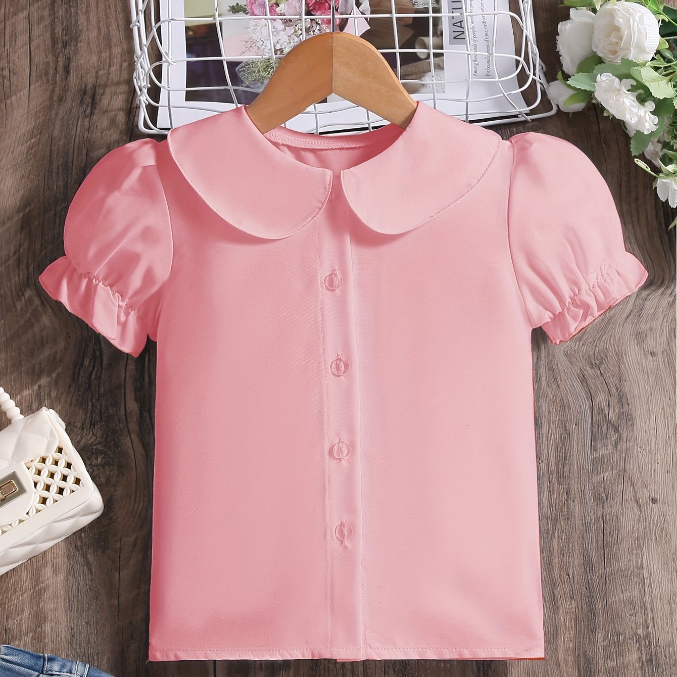 Girls' Preppy Solid Puff Short Sleeve Collar Shirt - Button-Down Shirt with Classic Style and Relaxed Fit - Perfect Gift for Little Ladies