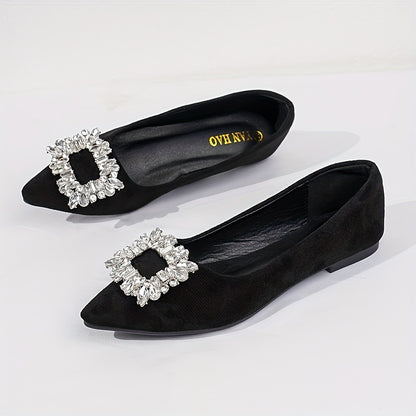 Women's Rhinestone Buckle Decor Flat Shoes, Casual Point Toe Slip On Shoes, Lightweight & Comfortable Shoes