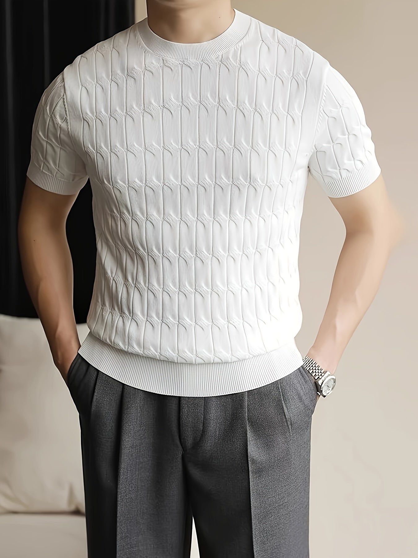 Men's Striped Knitted Pullover, Casual Short Sleeve Slim-fit Crew Neck Sweater For Outdoor