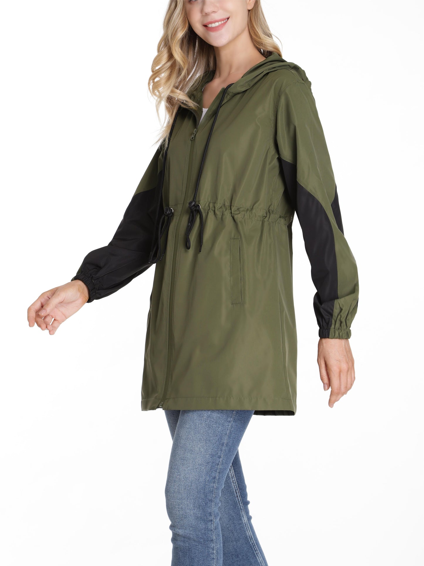 Stylish Color Block Long Sleeve Trench Coat - Water-Resistant, Waisted, Hooded, Windbreaker Jacket with Adjustable Cuffs and Hem - Perfect for Women's Outdoor Activities and Casual Wear