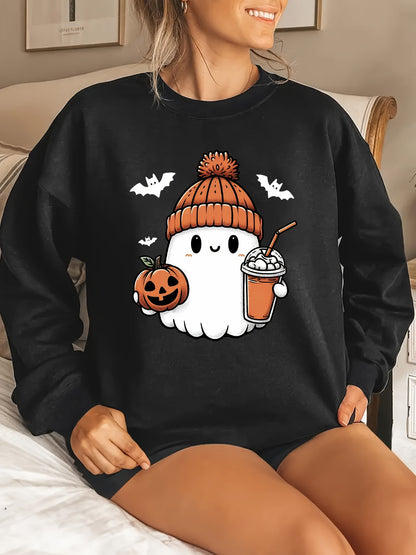 Vibrant Halloween Print Hoodie - Soft, Breathable, Drawstring Casual Hooded Sweatshirt for Fall & Spring, Women's Relaxed Fit Clothing with Long Sleeves and Pocket