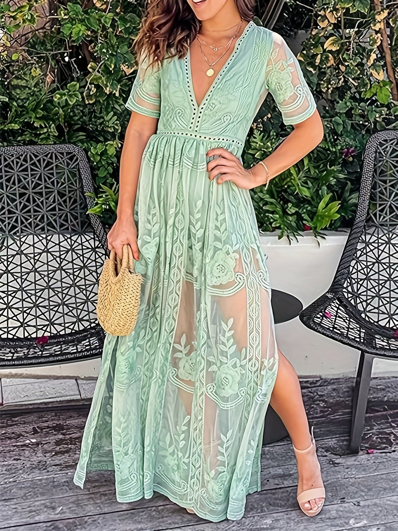 Women's Casual V-Neck Lace Long Dress Bohemian Bridesmaid Wedding Evening Dress With Slit, All Floral Lace, High Waist, Hollowed Out Simple And Elegant Green Color