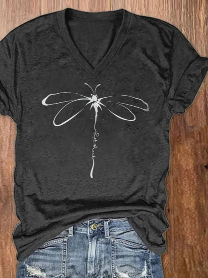 Vibrant Dragonfly Geometric Print V-Neck T-Shirt - Soft Mid-Elasticity Polyester Knit Fabric, Casual Short Sleeve, Regular Length, Positioning Printing, Perfect for Spring & Summer, Womens Casual Wear