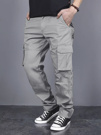 Mens Loose Fit Solid Color Cargo Pants - Multi-Pocket Drawstring Trousers for Weekend Casual - Polyester, Non-Stretch, Mid Waist, Regular Length, Hand Washable