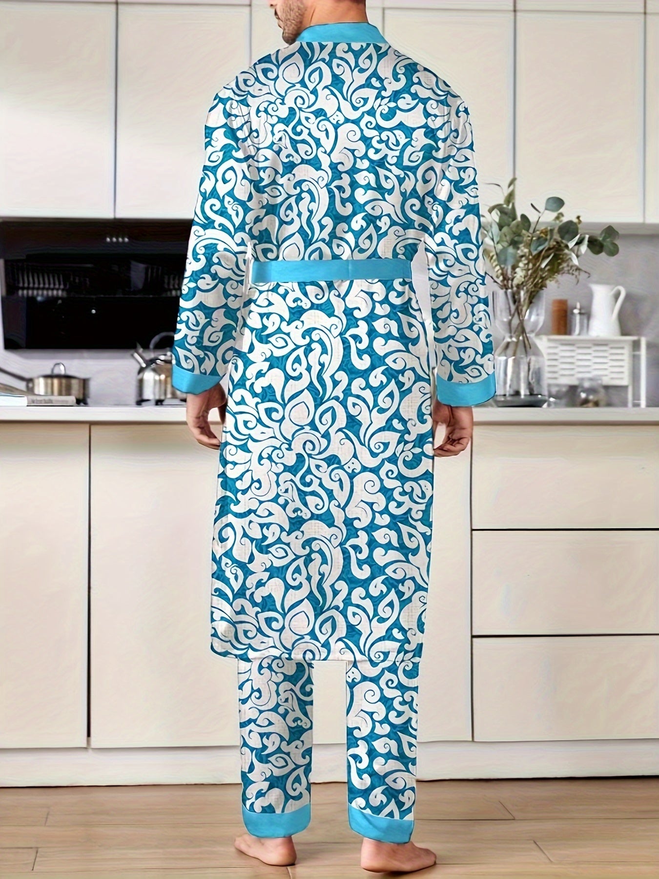 Elegant Men's Sky Blue Suit - Super-stylish Gorgeous Floral Print V-neck Long Sleeve Robe & Trousers, Must-have Nightgown Set For Daily Wearing