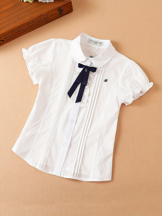 Chic Girls' Summer Blouse - Pure Cotton, Short Sleeve, Preppy Turn-Down Collar, Korean Style School Shirt with Navy Bow Tie Detail, Breathable, Comfortable, and Classic Design for School or Casual Wear