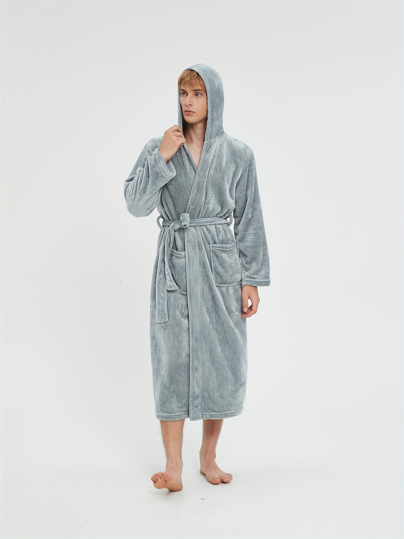 Ultra-Soft Men's Fleece Robe - Comfy Hooded Pajamas with Pocket, Hair Dry Hat, and Kimono Design for Cozy Nightwear After Bath or Lounging at Home