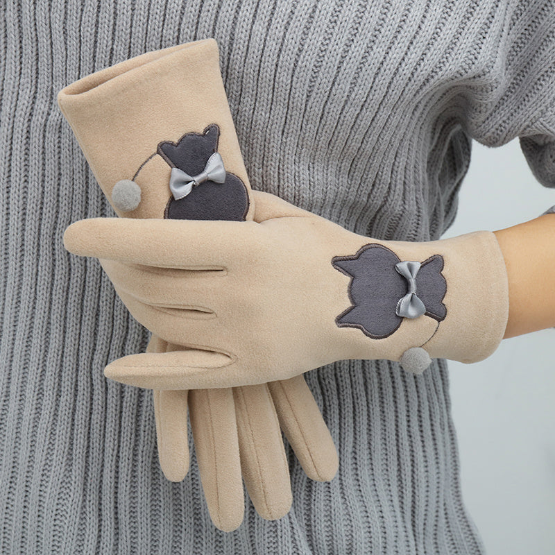 Cute Cat Embroidered Velvet Gloves Velvet Warm And Coldproof Split Finger Gloves For Women's Winter