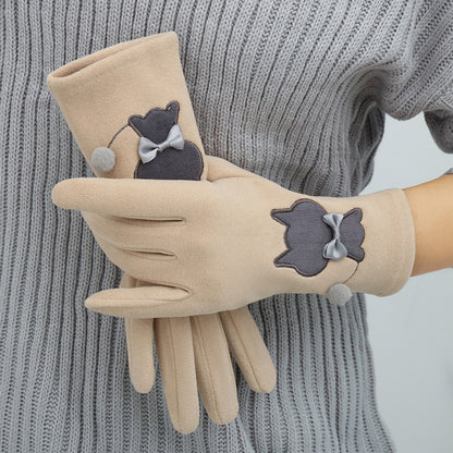 Cute Cat Embroidered Velvet Gloves Velvet Warm And Coldproof Split Finger Gloves For Women's Winter