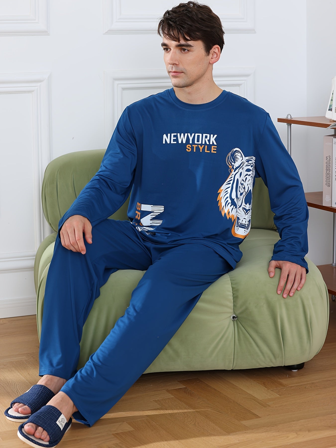 Men's Comfy Casual Home Pajamas Set, Fashion Letter And Tiger Graphic Print Long Sleeve Sweatshirt & Loose Pants For Spring Autumn Winter