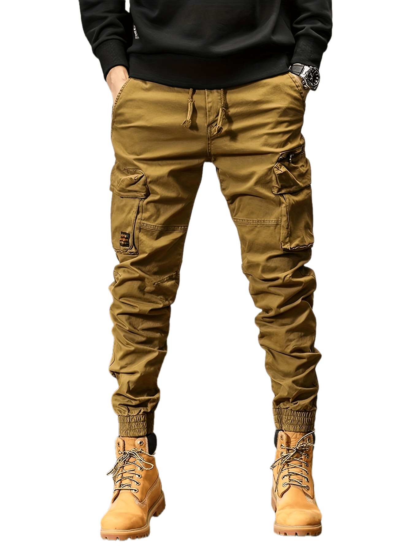 Regular Fit Solid Cotton Blend Cargo Pants - Multi Flap Pocket, Button Fly, Slight Stretch, Loose Casual Style - Ideal for Outdoor Work, Streetwear, and Hip Hop Fashion