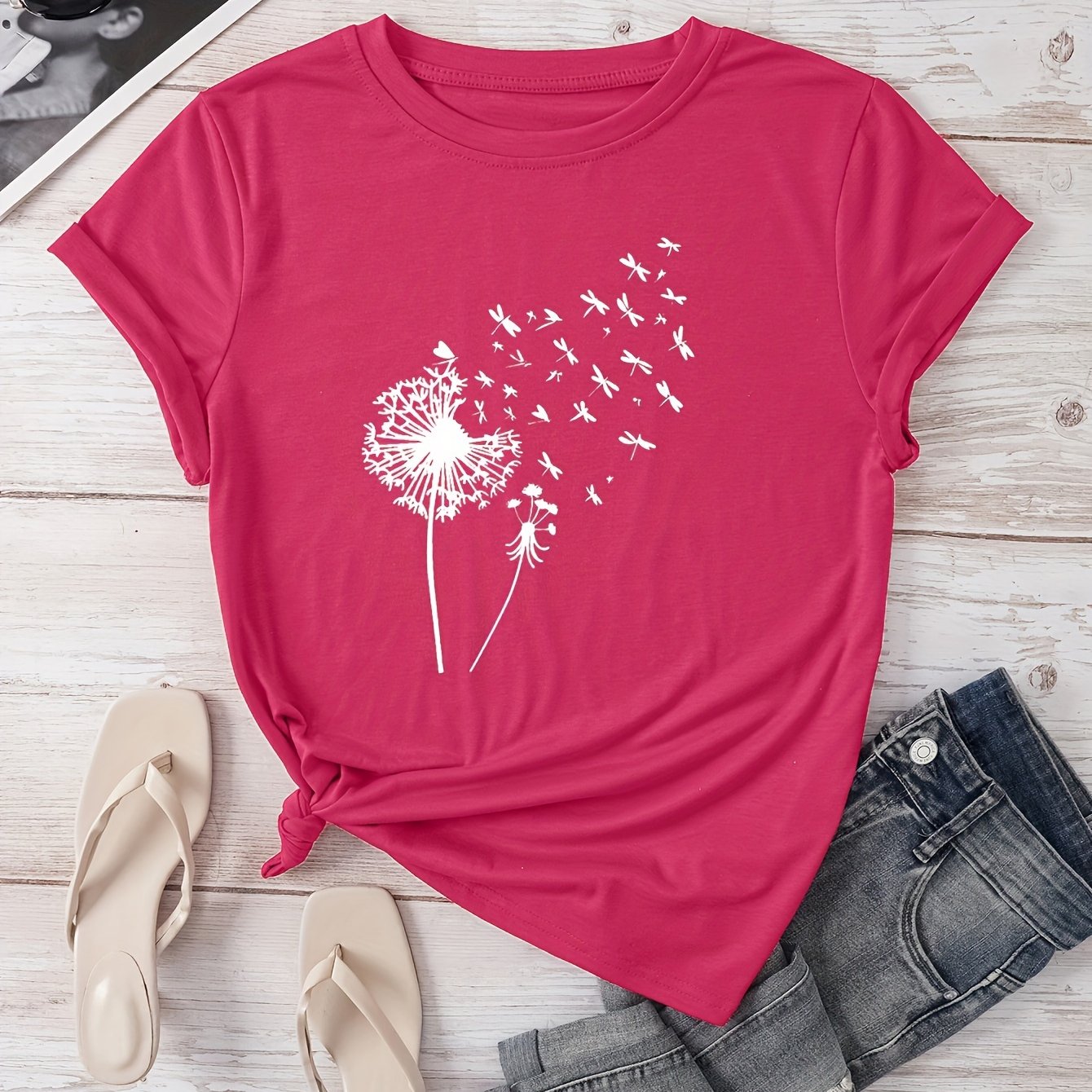 Vibrant Dandelion Print Crew Neck T-Shirt - Soft Micro Elasticity Polyester Fabric, Casual Short Sleeve Top for Spring & Summer, Womens Regular Fit Clothing with Random Plant Pattern