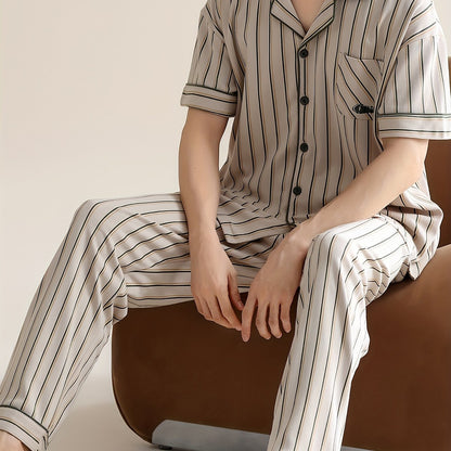 2 Pcs Men's Thin Trendy Stripe Design Open Front Short Sleeve & Trousers Pajama Sets, Comfortable & Skin-friendly Style Pajamas For Men's Cozy Loungewear