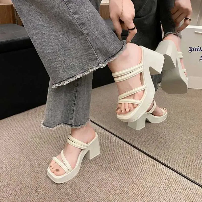 Dress Shoes Womens Sandals Square High Heels Elegant Summer Slippers Crossed Leather  Fashion H240527