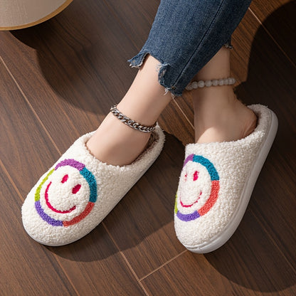 Cartoon Smile Pattern Fabric Slippers with PVC Sole, Cozy Plush Lined Indoor House Slippers for Kids and Adults